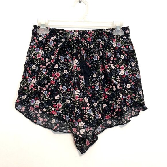 AMERICAN EAGLE AE Tulip Runner Shorts Black Pink Floral Pull On Drawstring Flowy - Picture 2 of 16